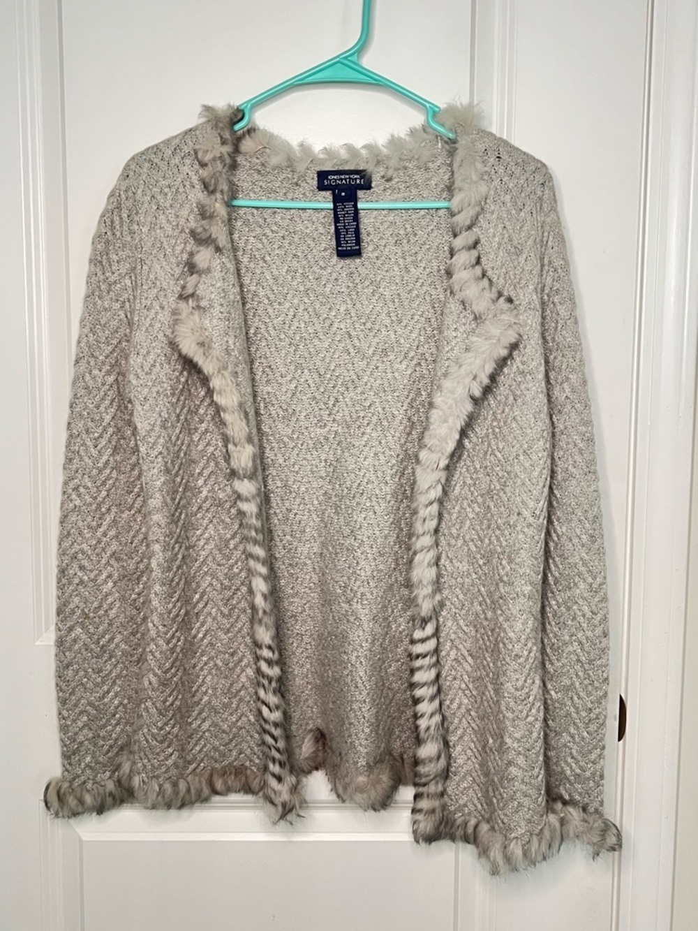 Jones New York Signature Wool & Angora Blend Open Cardigan with Fur Trim Sz S